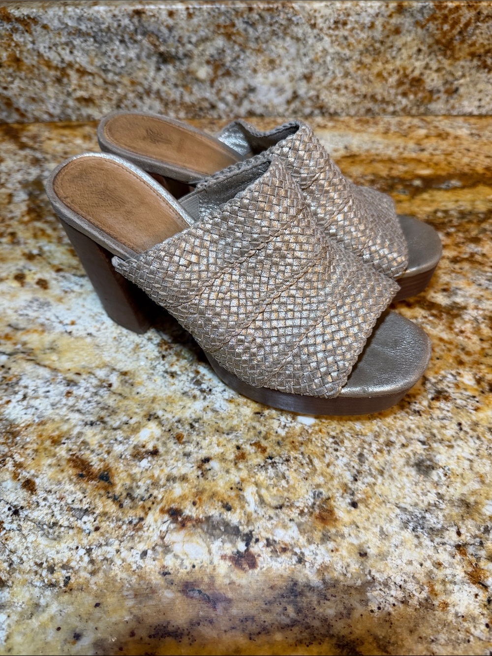 Frye Metallic Woven Leather Platform Mule Block Heel
